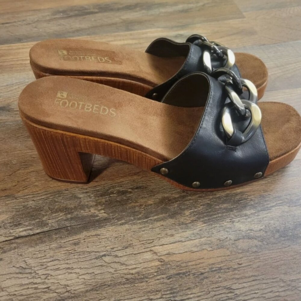 White Mountain Footbeds Jem Black Size 7M Block Wood Heeled Y2K Sandals Slides